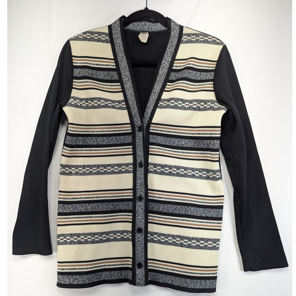Vintage ILGWU Union Made Striped Cardigan Sweater Black Cream Tan Size 12 70s
